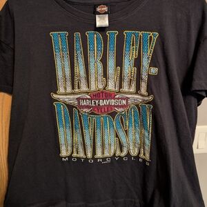 Harley-Davidson Womens Tee with Blue and Yellow Logo Bling